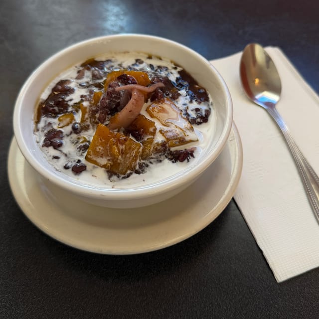 Black Rice Pudding with sweet pumpkin and coconut.