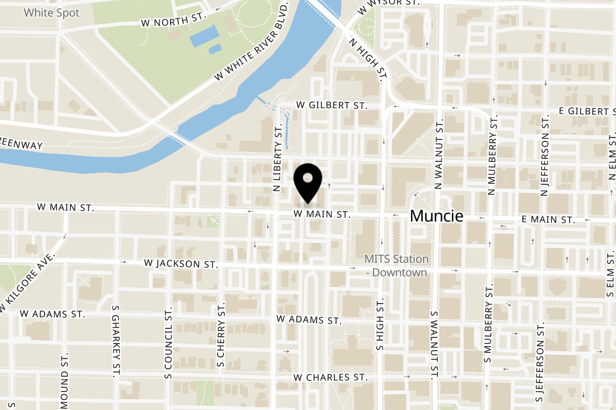 Map showing the location of Tuppee Tong Thai Restaurant on 310 W Main St in Muncie